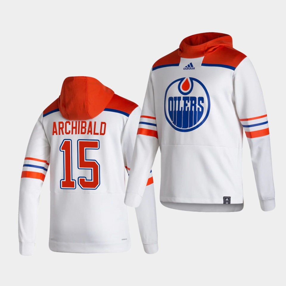Men Edmonton Oilers #15 Archibald White NHL 2021 Adidas Pullover Hoodie Jersey